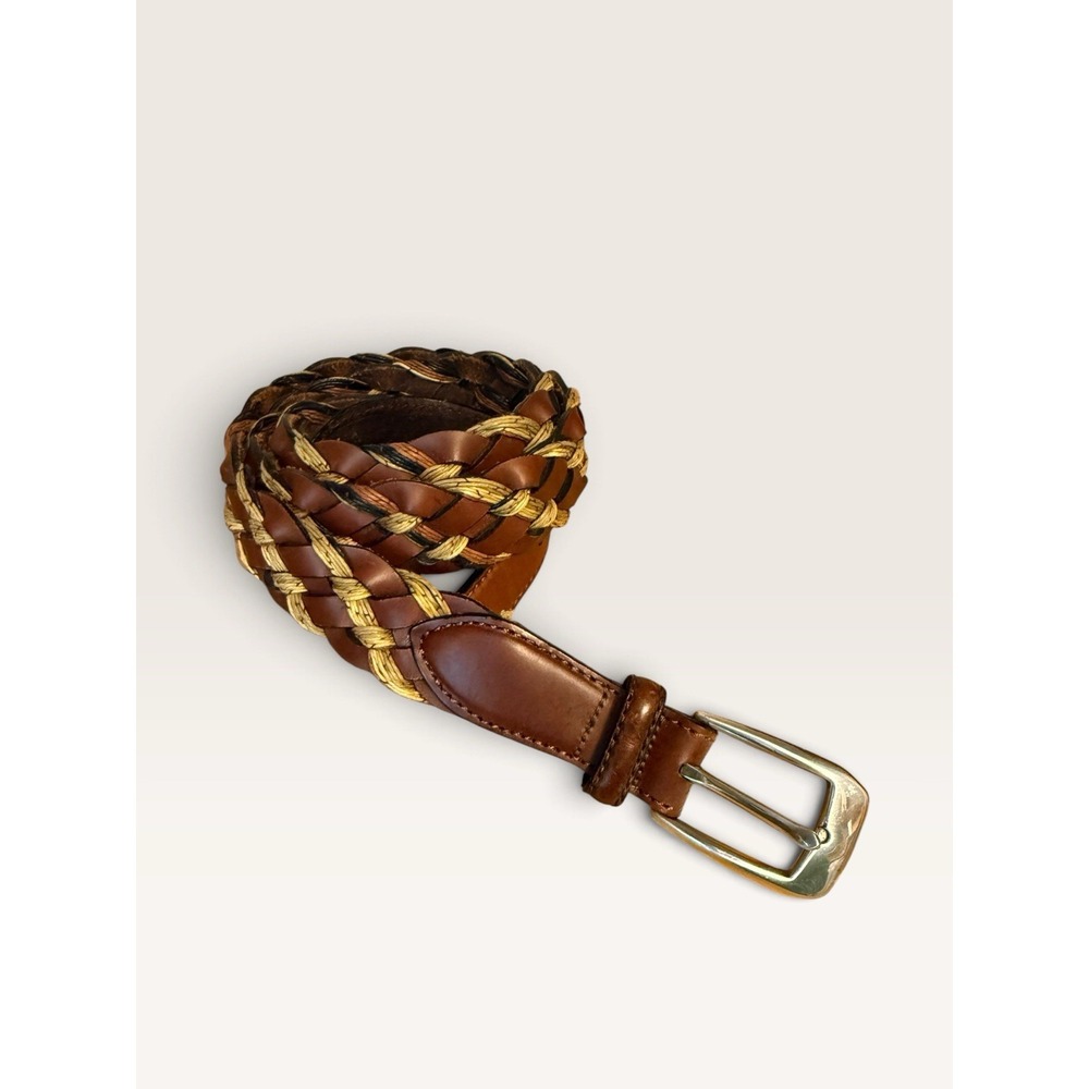 Brighton Leather Belt Braided Mixed Media Insets Brass Buckle Size 34 Brown